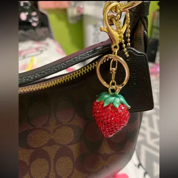 Sparkling Rhinestone Strawberry 🍓 Bag Charm Keychain with Gold Hardware NWT - Picture 5 of 8